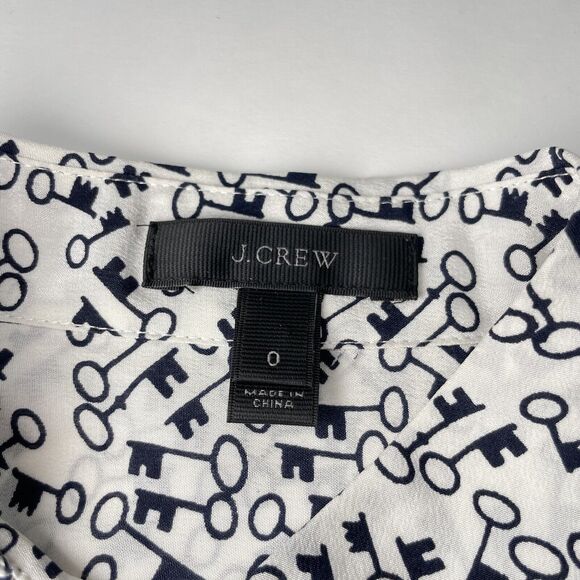 J.CREW 100% Silk Blouse In Key Print White Size 0 Sz Small Club Collar Classic - Picture 4 of 11